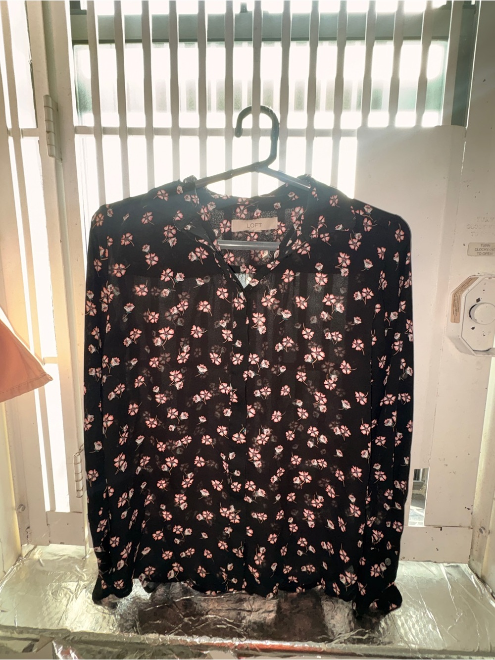 LOFT Black Button-Front Shirt with Pink Floral Print